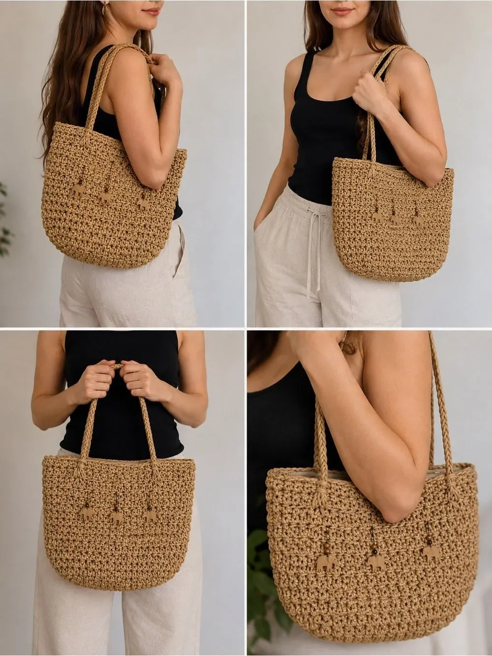 Vintage Cappelli Straworld Inc Large Tote With Safari Animal Wood Beads Notes